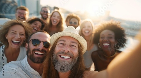 Obraz A joyful group of friends capturing a selfie against a city backdrop at sunset.