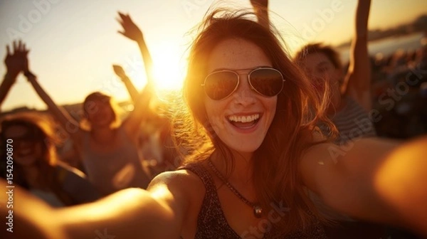 Obraz A joyful group of friends captures a fun moment together in the city at sunset.