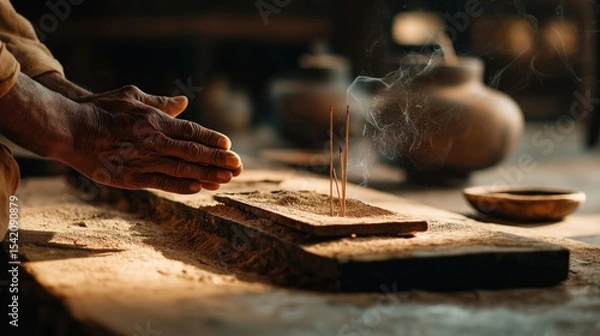 Obraz Serene hands in prayer pose, surrounded by incense smoke in a tranquil setting.