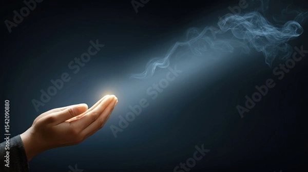 Obraz Serene hands in prayer pose, surrounded by soft incense smoke and gentle light.