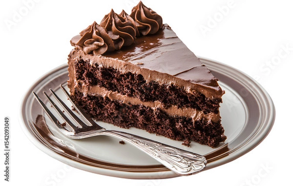 Fototapeta A slice of chocolate cake on a plate with a fork, isolated against a transparent background