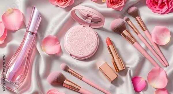 Obraz Flat lay of makeup products and pink roses on silky fabric.