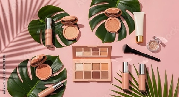 Obraz Flat lay of makeup products and tropical leaves