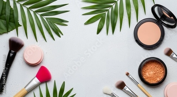 Obraz Makeup Brushes and Powder with Palm Leaves