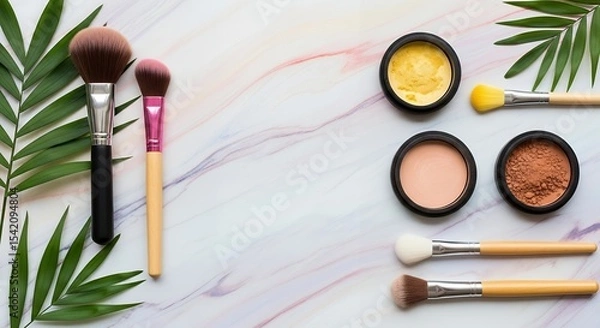 Obraz Makeup brushes and cosmetics on a pastel