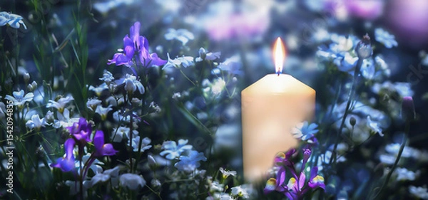 Obraz blooming flower meadow in an idyllic garden with white burning candlelight, floral design concept with copy space for gardening, holiday celebration, hope or mourning, greeting card