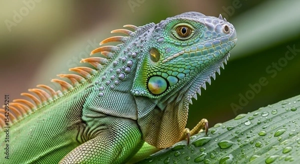 Obraz Vibrant Green Iguana on Leaf