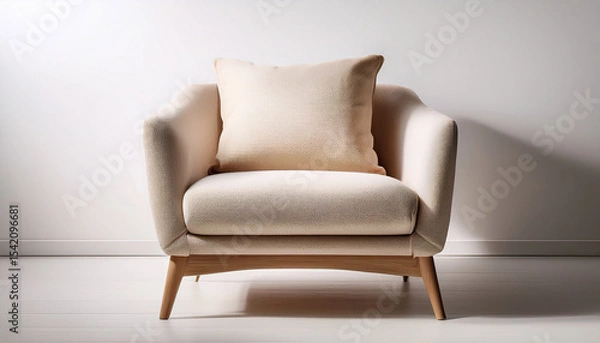 Fototapeta a modern beige armchair with a plush cushion set against a minimalist white background