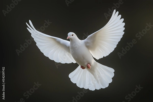 Obraz Elegant white dove with wings spread mid-flight against a dark background