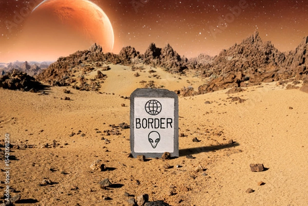 Fototapeta A boundary milestone with entity symbols on an inhospitable planet