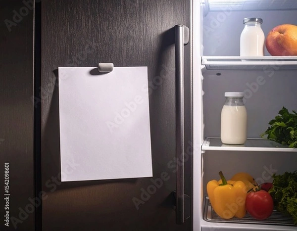 Obraz Empty white note taped to a refrigerator door, kitchen background