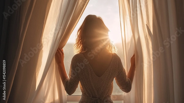 Fototapeta A woman standing by a window, gently opening curtains to let in the morning sunlight. Soft sun rays create a peaceful and hopeful atmosphere