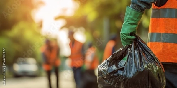 Fototapeta The garbage disposal worker cleaning up urban streets with teamwork and dedication.