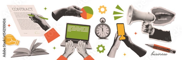 Fototapeta Big set of cut out paper elements of a halftone collage. Contemporary minimalistic business style. Hands working on a laptop, signing a contract, rising arrow chart. Ready to use elements. Vector