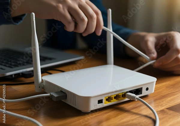 Fototapeta connecting internet cables to modern white wireless wi-fi router on wooden table
