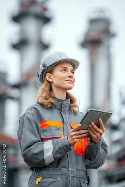 Obraz A female technician holding a digital tablet while inspecting vertical gas columns in an industrial yard, portrait-focused scene, diversity in energy sector.