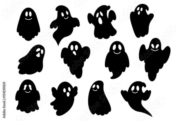 Fototapeta Set of cute black  ghosts in doodle style