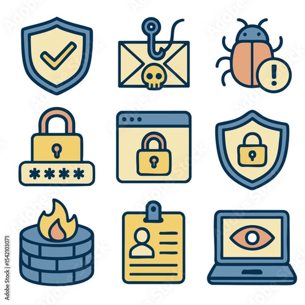 Fototapeta Secure icons representing cybersecurity concepts, including shields, locks, and alerts
