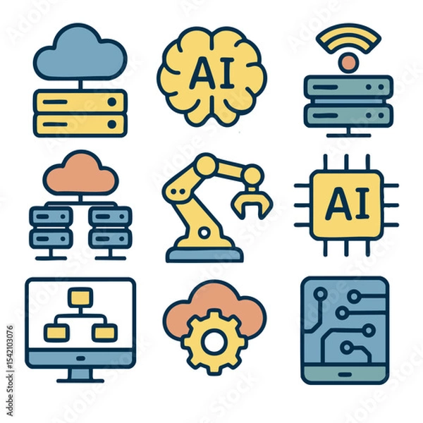 Fototapeta Digital technology icons representing cloud computing, artificial intelligence, and automation