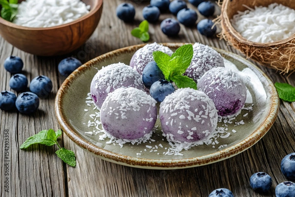 Obraz Frozen Blueberry and Coconut Yogurt Bites made of smooth unsweetened coconut yogurt and fresh blueberries, garnished with shredded coconut and fresh mint, arranged on a ceramic plate.