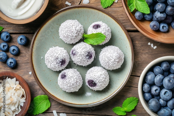 Obraz Frozen Blueberry and Coconut Yogurt Bites made of smooth unsweetened coconut yogurt and fresh blueberries, garnished with shredded coconut and fresh mint, arranged on a ceramic plate.