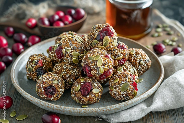 Obraz Pumpkin Seed and Cranberry Bites made with crunchy toasted pumpkin seeds, dried cranberries, and chia seeds, bound with sticky maple syrup, arranged on a ceramic plate.