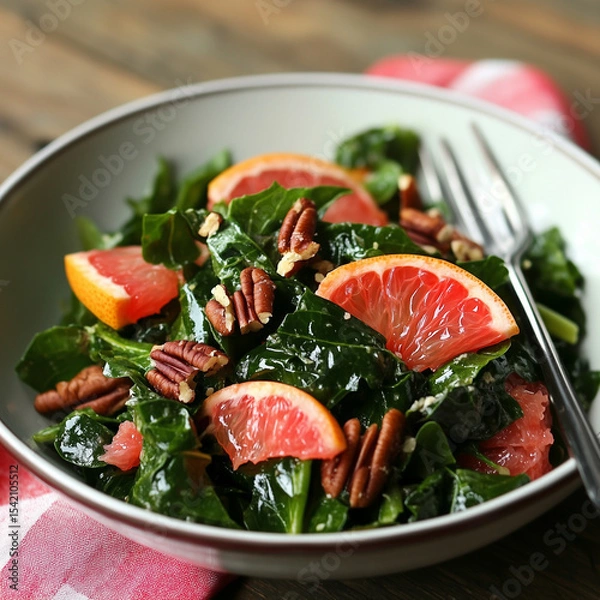 Fototapeta Chard and mustard greens mix with grapefruit and pecans