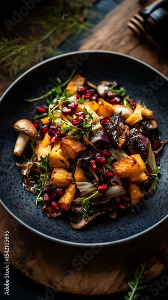 Fototapeta Cabbage salad with mushroom chips, pomegranate, and honey