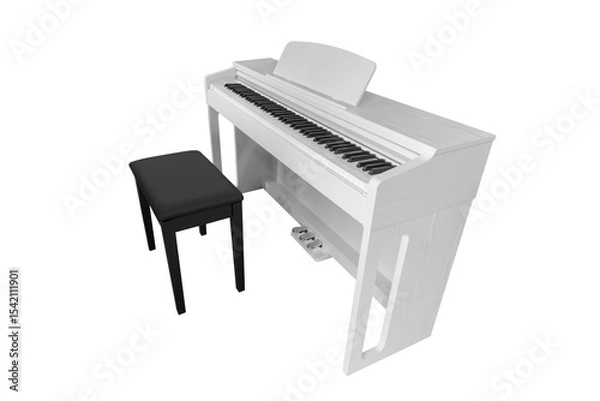 Obraz white piano with black chair isolated on white background