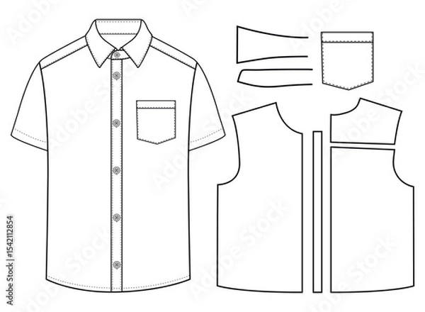 Obraz Short sleeved men sleeves formal resort shirt flat technical drawing vector illustration mockup template design	