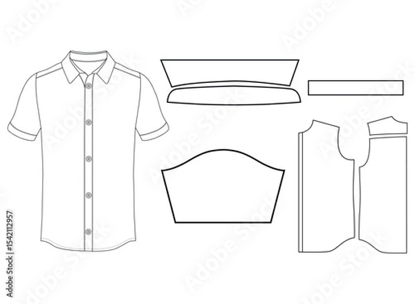 Obraz Short sleeved men sleeves formal resort shirt flat technical drawing vector illustration mockup template design	