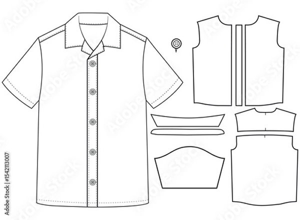 Obraz Short sleeved men sleeves formal resort shirt flat technical drawing vector illustration mockup template design	