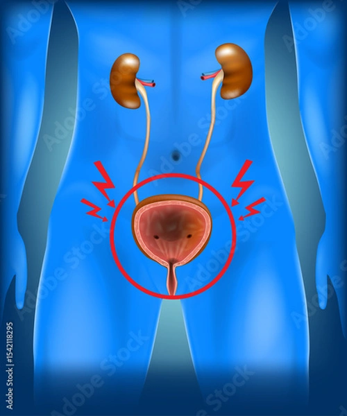 Obraz Medical Diagram of Human Kidneys and Inflamed Bladder. Urinary Tract Anatomy with Cystitis Symptoms Highlighted. Bladder Infection 