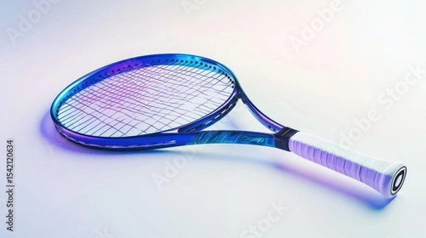 Fototapeta Vibrant tennis racket with neon blue and purple glow on a white surface