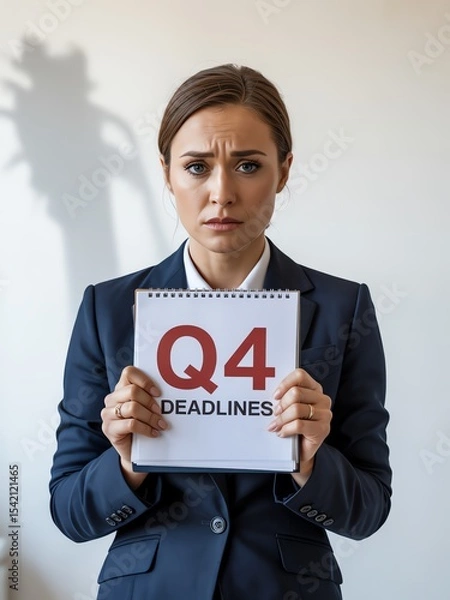 Fototapeta Businesswoman stressed by Q4 deadlines, holding a notepad, expressing anxiety in an office setting.