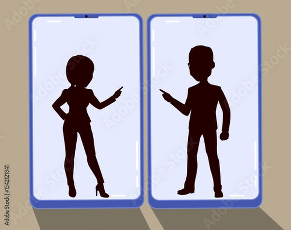 Obraz Cartoon illustration of two smartphones showing silhouettes of businesspeople angrily pointing fingers at each other. Drawing concept of online arguments, digital tension or corporate conflict on soci