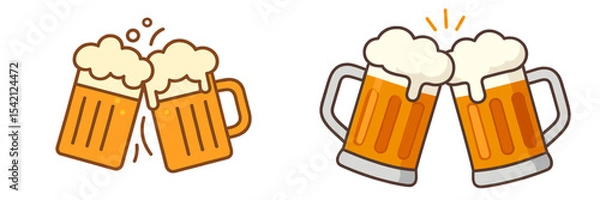 Fototapeta Cheerful celebration with two frothy beer mugs clinking together in festive atmosphere with golden foamy liquid