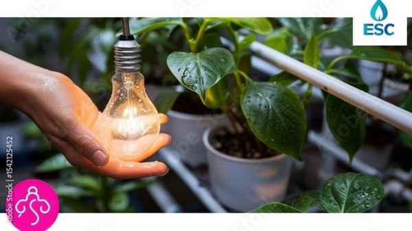 Obraz ESG Banners   Environment, Society, and Governance: Hand holding a light bulb with a renewable