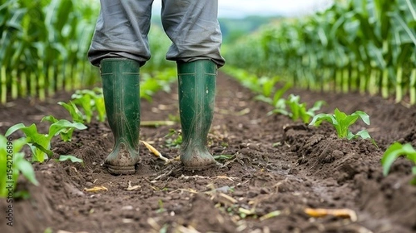 Obraz A knee high photograph of a farmer standing between rows of corn, wearing rubber boots.