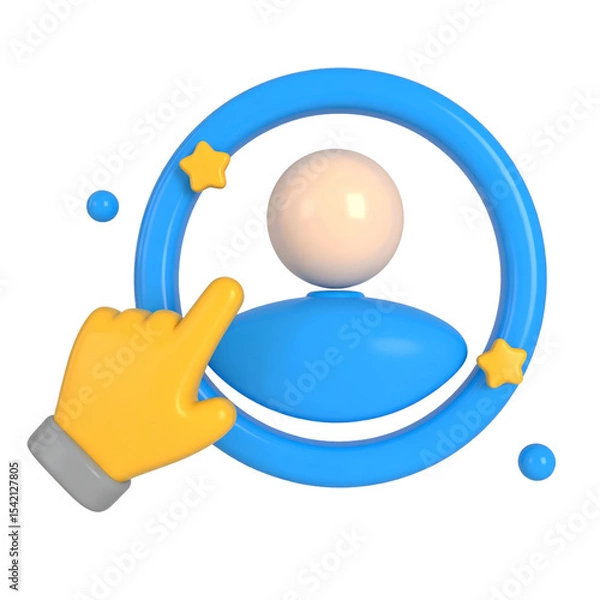 Obraz 3D illustration of user profile icon with yellow hand pointer, blue circular frame, and decorative stars, representing account selection or user interface in playful, modern style