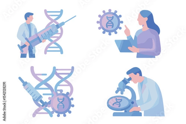 Fototapeta Medical research illustration showcasing scientists working with DNA and viruses in a laboratory setting during daylight