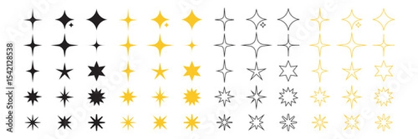 Fototapeta A collection of various vector shiny stars, decorative forms of flicker and bursts, abstract shining symbols of flash. Vector illustration.