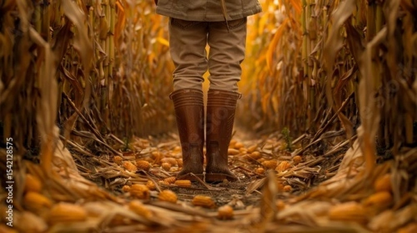 Obraz A knee high photograph of a farmer standing between rows of corn, wearing rubber boots.