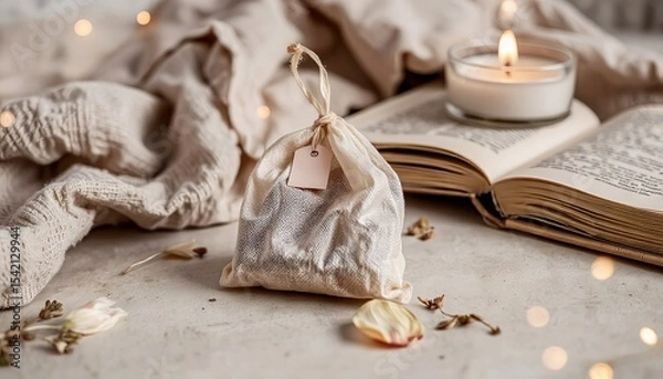 Fototapeta Aromatherapy pouch with candle and open book on textured table  