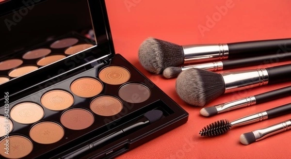 Fototapeta A kit of makeup and brushes isolated on red colored solid background 