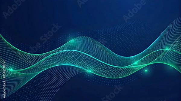 Fototapeta abstract dark blue mesh gradient with glowing green. Ai generated 