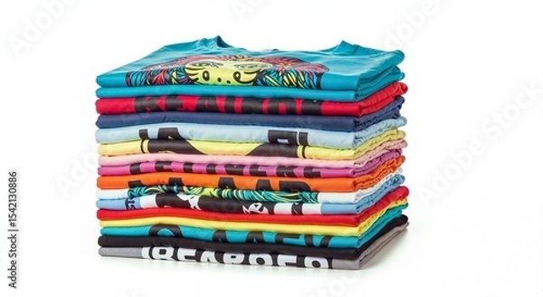 Fototapeta stack of colorful shirts isolated on solid white colored background