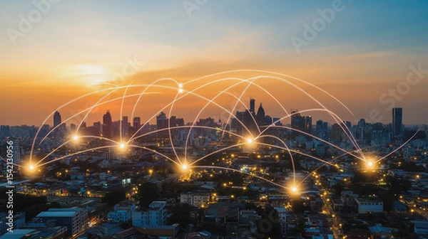 Fototapeta sunrise Aerial view of Smart digital Innovation city with connection network reciprocity over the cityscape. of future smart wireless digital city and social media networking systems that connects