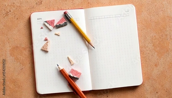 Fototapeta Open notebook with colorful pencils and eraser pieces on cover  