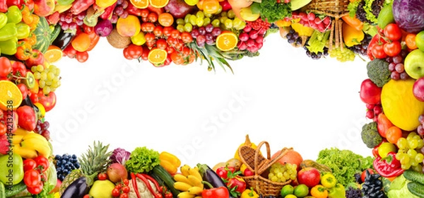 Fototapeta Beautiful frame of healthy bright fruits and vegetables isolated on white
